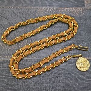 CHANEL Gold Plated Brown/Beige Leather CC Logo Vintage Chain Belt + Box